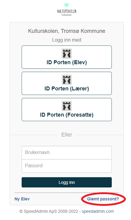 bilde av innloggings sida til SpeedAdmin med rød ring rundt "Glemt passord?"